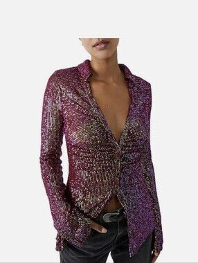 Free People Sequin Shirtee Top Dark Rhubarb Color Small Button Down Festival